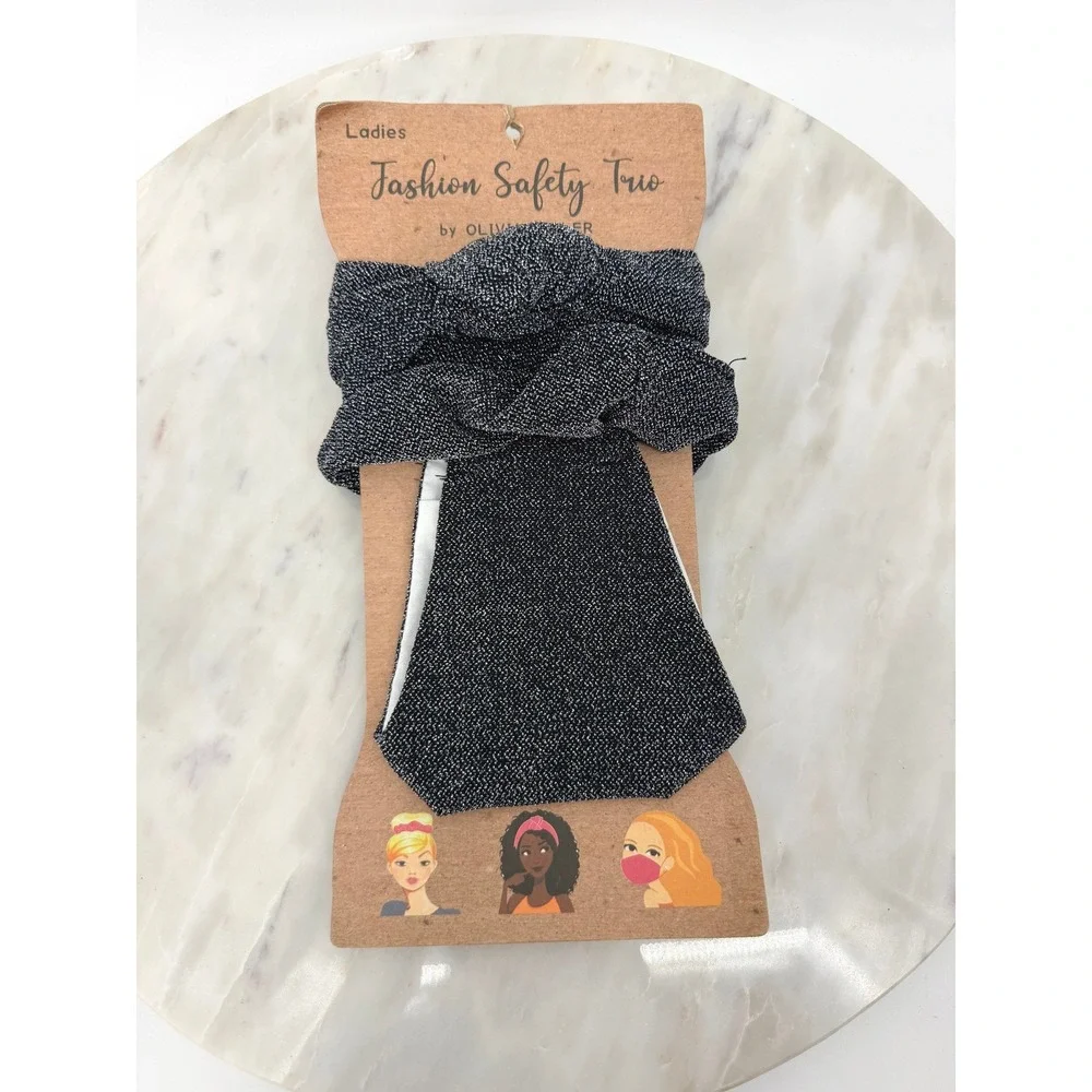 Olivia Miller Fashion Safety Trio Black Silver Metallic Mask Headband Scrunchie